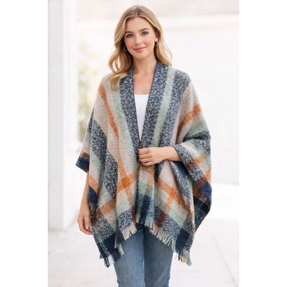 Nine West Blue Tan Orange Mint Blanket Shawl One Size Fits Most Womens